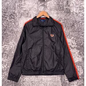 Fred Perry Jacket Small Mens Black Orange Track Stripe Full Zip Windbreaker